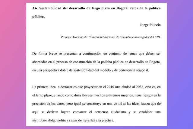 Sostenibilidad del desarrollo de largo plazo en Bogotá: retos de la política pública